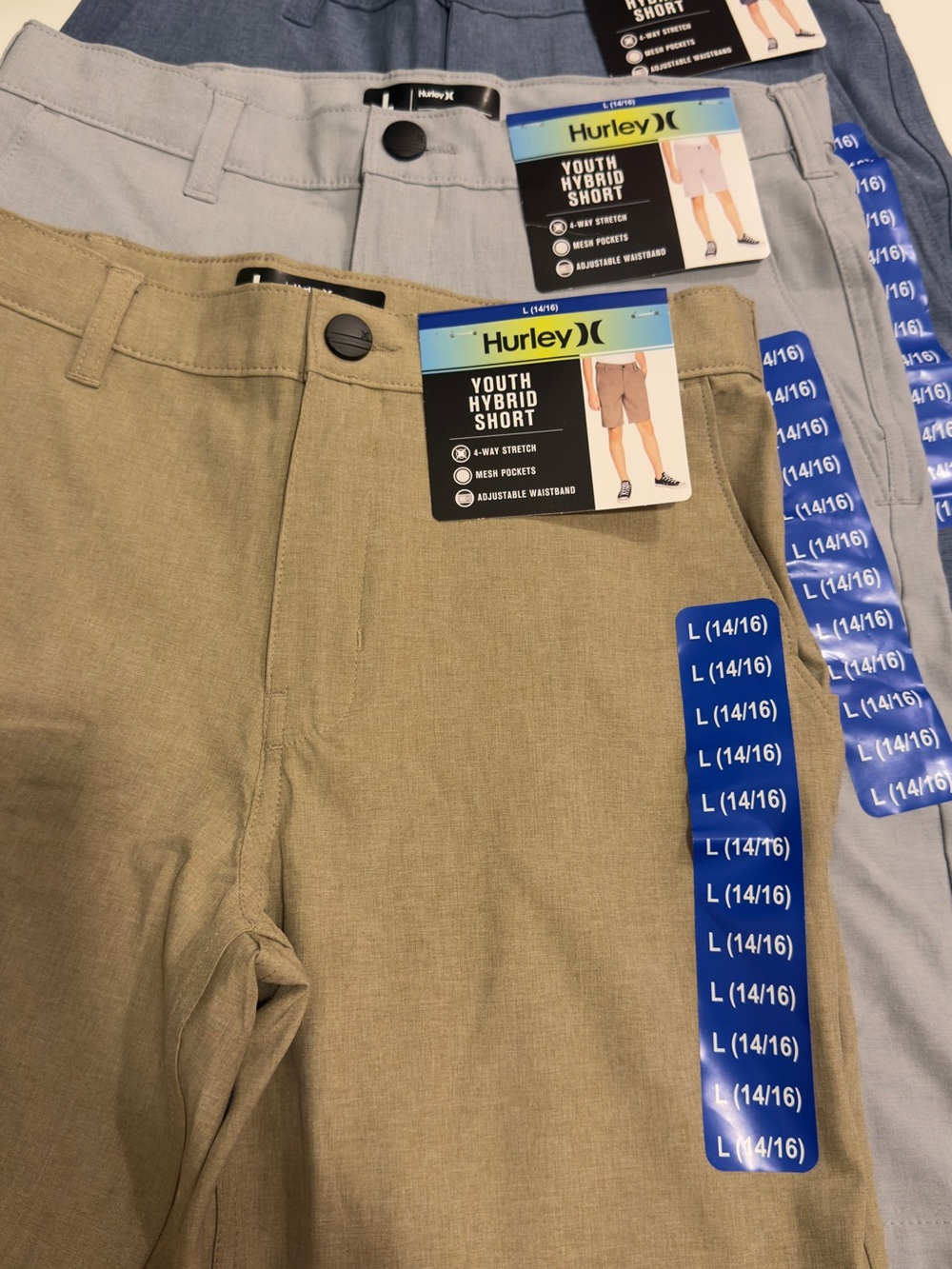 Tripack Hurley Kids Hybrid Shorts in Tan, Light Blue, and Blue